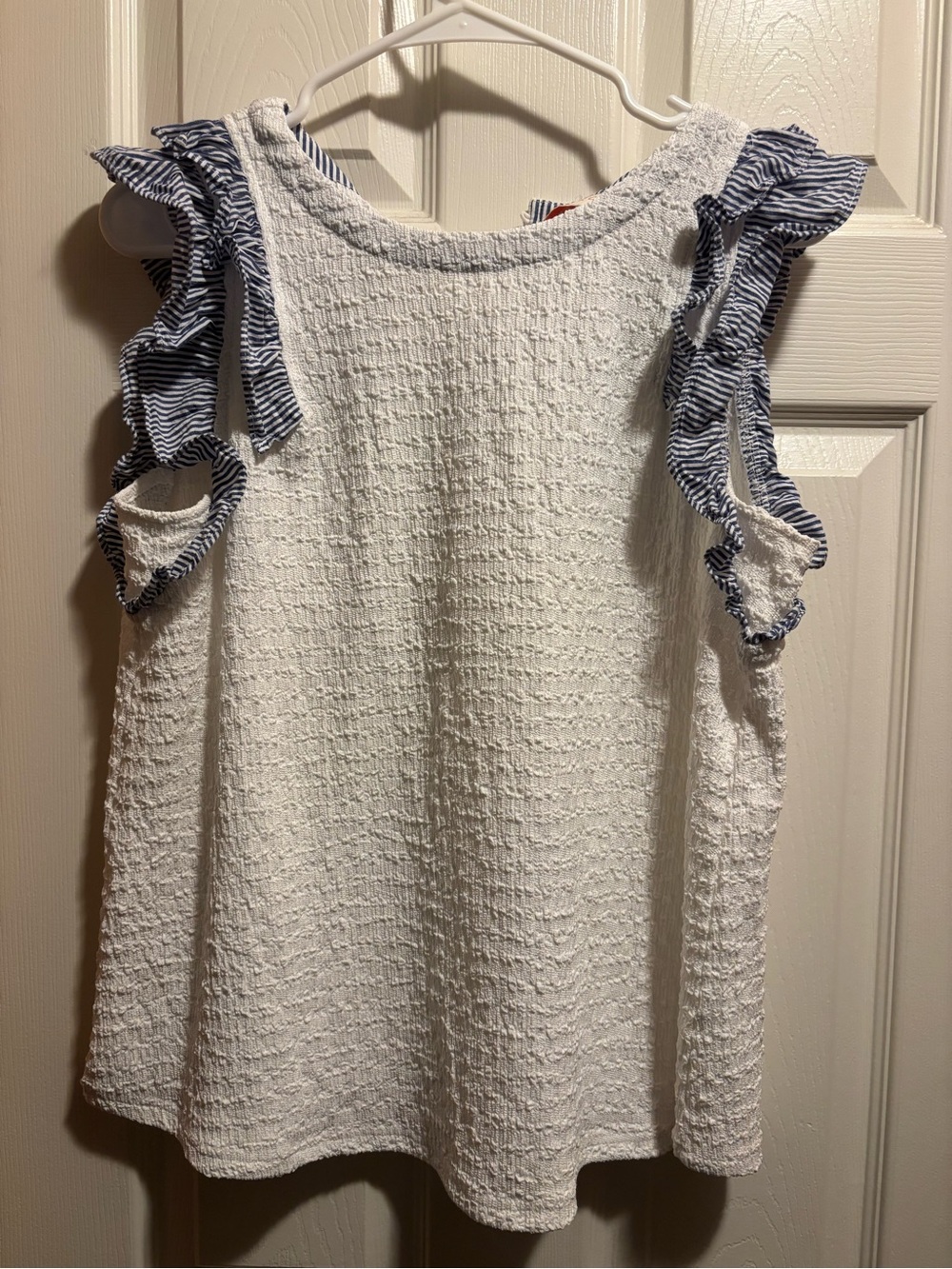 Women’s White Textured Tank Top with Blue Stripe Ruffle Shoulder